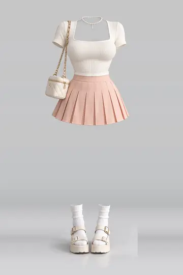 AI 生成服装参考图 SPR-0121:春,象牙白、针织、百褶、迷你、半身裙、白