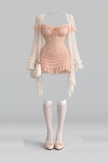AI 生成服装参考图 SPR-0122:春,荷叶边、束身衣、连衣裙、开衫、象牙白、短袜