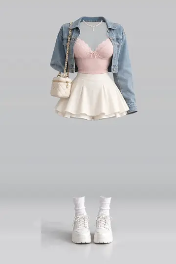 AI 生成服装参考图 SPR-0123：春，粉、蕾丝、吊带衫、开衫、奶油色、迷你