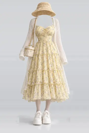 AI 生成服装参考图 SPR-0131:春,黄、花卉、中长、连衣裙、开衫、米色