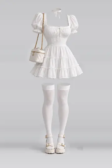 AI 生成服装参考图 SPR-0133:春,白、迷你、连衣裙、短袜、凉鞋、包