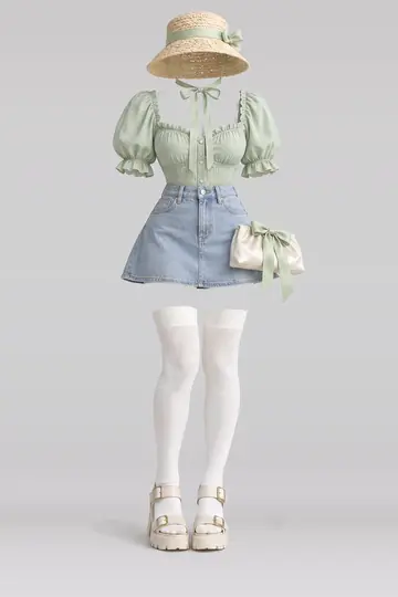 AI 生成服装参考图 SPR-0139:春,薄荷绿、绿、女式衬衫、缎带、蓝、牛仔布