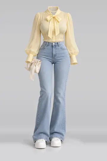 AI 生成服装参考图 SPR-0141:春,黄、女式衬衫、蓝、牛仔布、长裤、白