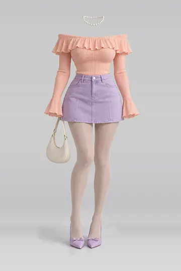 AI 生成服装参考图 SPR-0143:春,荷叶边、针织、牛仔布、迷你、半身裙、米色