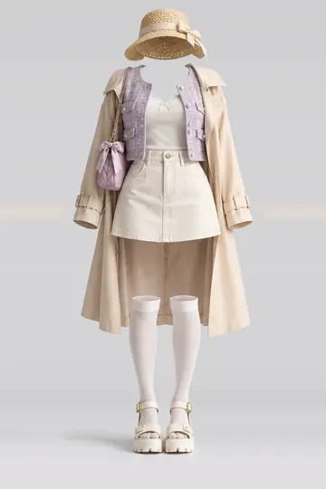 AI 生成服装参考图 SPR-0146:春,夹克、吊带衫、奶油色、牛仔布、迷你、半身裙