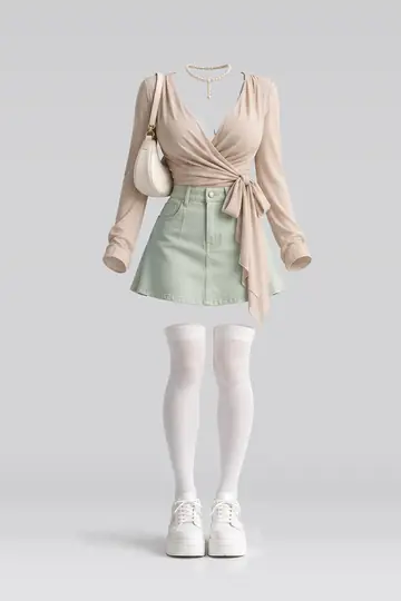 AI 生成服装参考图 SPR-0147:春,米色、薄荷绿、绿、牛仔布、迷你、半身裙