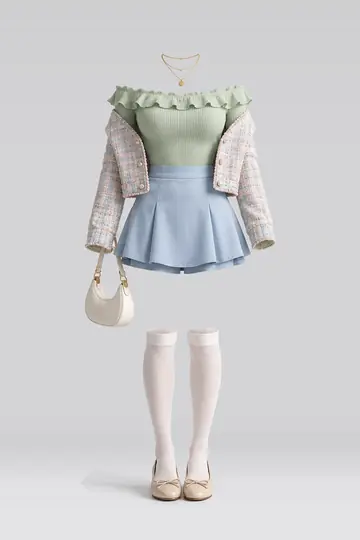 AI 生成服装参考图 SPR-0148:春,薄荷绿、绿、荷叶边、针织、蓝、迷你