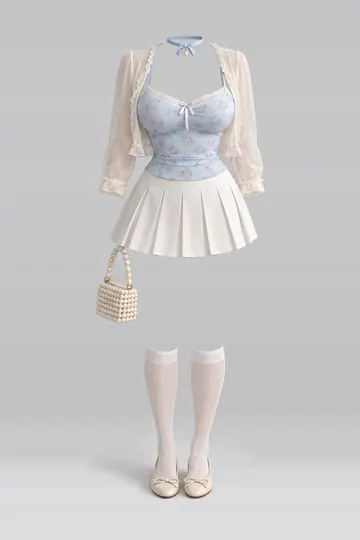 AI 生成服装参考图 SPR-0149:春,蓝、花卉、吊带衫、开衫、白、百褶