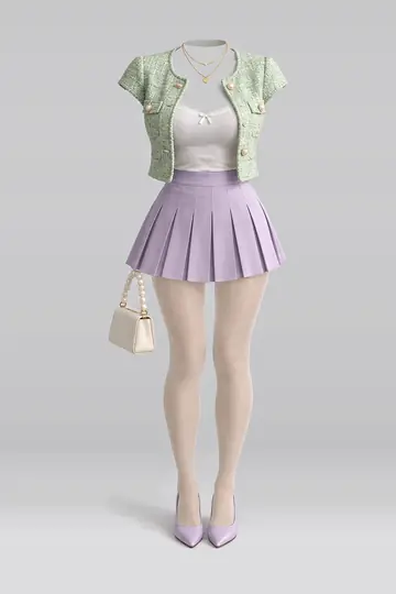 AI 生成服装参考图 SPR-0150:春,薄荷绿、绿、夹克、吊带衫、百褶、迷你
