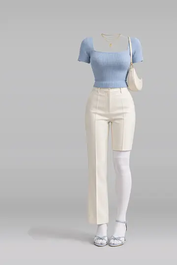AI 生成服装参考图 SPR-0160:春,蓝、针织、象牙白、长裤、白、短袜