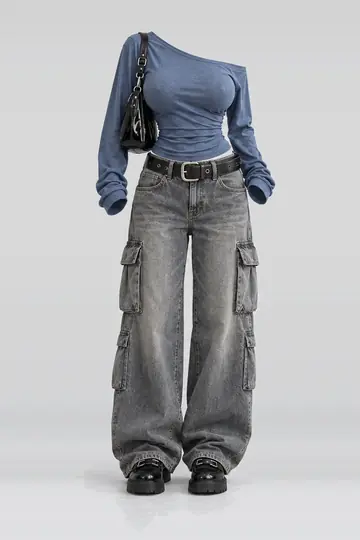 AI 生成服装参考图 SPR-0166:春,蓝、灰、牛仔布、牛仔裤、腰带、黑