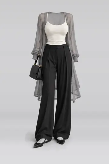 AI 生成服装参考图 SPR-0181:春,象牙白、吊带衫、灰、开衫、黑、迷你