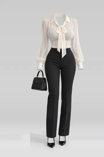 AI 生成服装参考图 SPR-0198:春,象牙白、缎带、女式衬衫、黑、单鞋、皮革