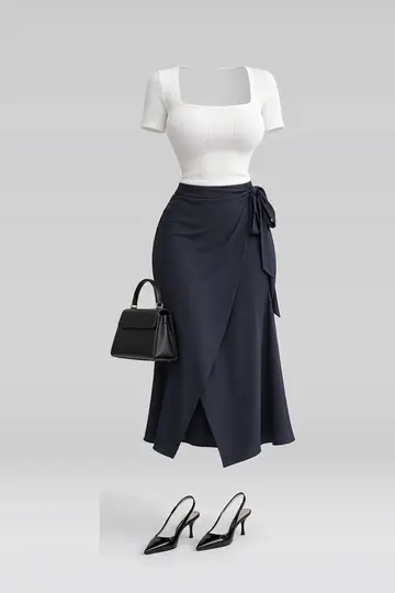 AI 生成服装参考图 SPR-0200:春,白、针织、藏青、中长、半身裙、黑
