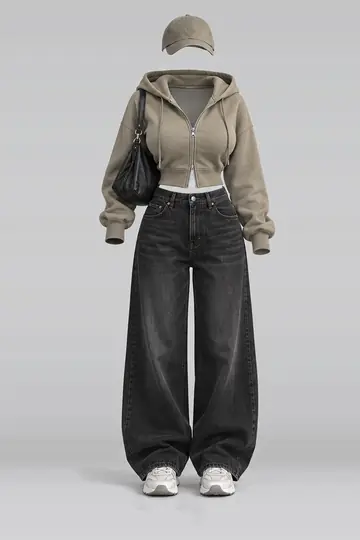 AI 生成服装参考图 SPR-0206:春,卡其、连帽衫、黑、牛仔布、牛仔裤、白