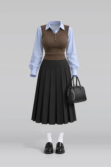 AI 生成服装参考图 SPR-0207:春,棕、针织、蓝、衬衫、黑、百褶