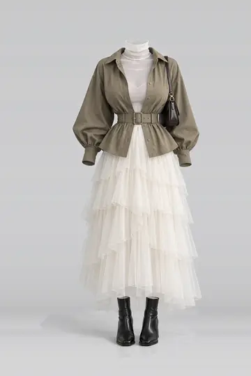 AI 生成服装参考图 SPR-0208:春,卡其、衬衫、象牙白、薄纱、半身裙、白