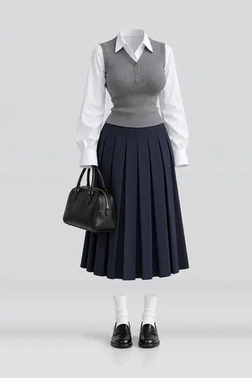 AI 生成服装参考图 SPR-0221:春,灰、针织、白、衬衫、藏青、百褶