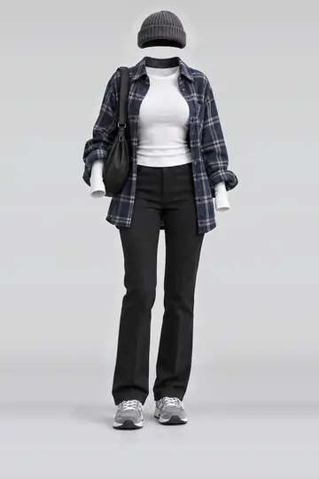AI 生成服装参考图 SPR-0225：春，藏青、衬衫、夹克、白、黑、长裤