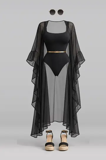 AI 生成服装参考图 SWM-0019:泳装,黑、泳衣、金、腰带、凉鞋、墨镜