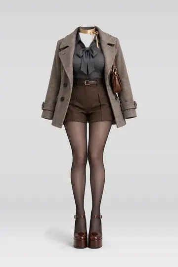 AI 生成服装参考图 AUT-0071:秋,女式衬衫、长裤、羊毛、大衣、黑、连裤袜