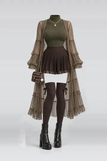 AI 生成服装参考图 AUT-0103:秋,橄榄绿、绿、针织、黑、百褶、迷你