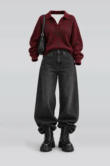 AI 生成服装参考图 AUT-0208:秋,红、针织、黑、牛仔布、牛仔裤、靴子