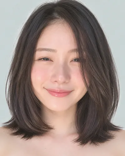 AI 生成人像 f01adeae4ad：面部，短发・前长后短菱形短波波头（黑发）