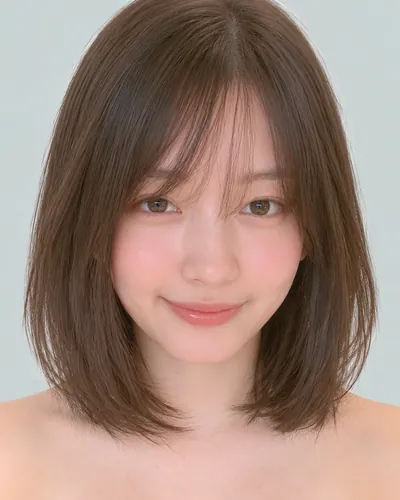 AI 生成人像 f0aa01943ce：面部，短发・圆润短波波头（空气刘海・深棕）