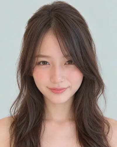 AI 生成人像 f1f629b1bc9:面部,中长发・斜刘海轻盈卷