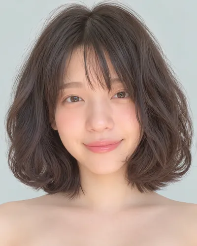 AI 生成人像 f53fab5a5c5：面部，短发・螺旋烫短波波头（黑发）