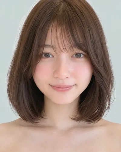 AI 生成人像 f5914511da2：面部，短发・圆润短波波头（空气刘海・深棕）
