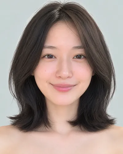 AI 生成人像 f5d332e58a1：面部，短发・前长后短菱形短波波头（黑发）