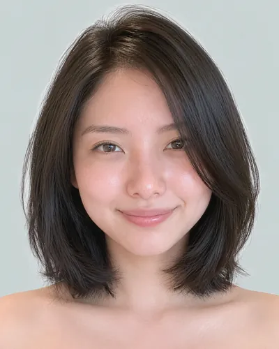 AI 生成人像 f6be467f189：面部，短发・前长后短菱形短波波头（黑发）