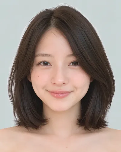 AI 生成人像 f74a3ec8211：面部，短发・前长后短菱形短波波头（黑发）