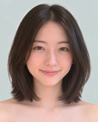 AI 生成人像 f77f7cdfc0d：面部，短发・前长后短菱形短波波头（黑发）