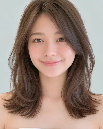 AI 生成人像 f8265f5bec7：面部，中长发・一卷层次配碎发（巧克力棕）