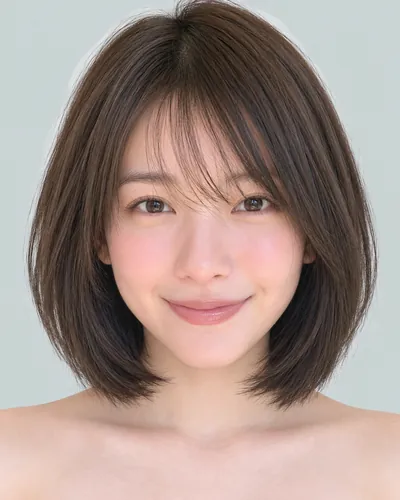 AI 生成人像 fb1a58bcb3f：面部，短发・圆润短波波头（空气刘海・深棕）