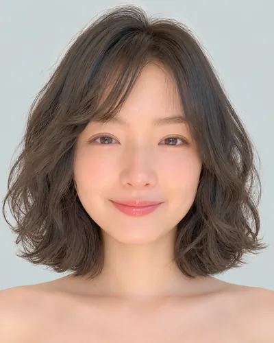 AI 生成人像 fe0dc8fc40c：面部，短发・螺旋烫短波波头（黑发）