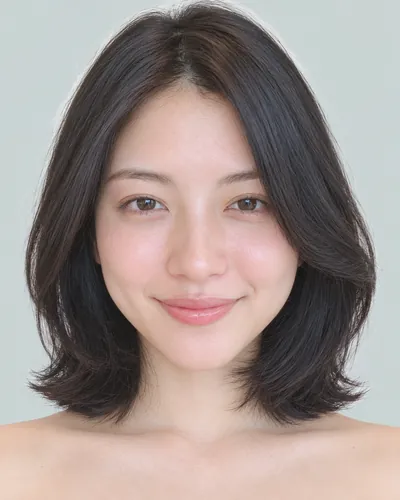 AI 生成人像 fe632ad5ca4：面部，短发・前长后短菱形短波波头（黑发）