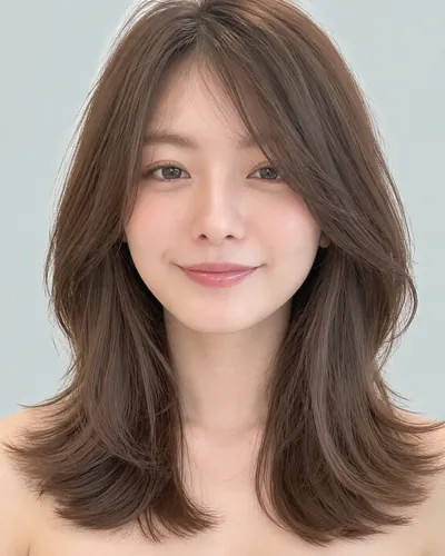 AI 生成人像 ffa3e23ba82：面部，中长发・一卷层次配碎发（巧克力棕）