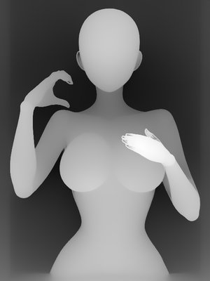 姿势深度图 P024：单手比心＋另一手扶胸（上半身单人 · 可爱系 · 正面）