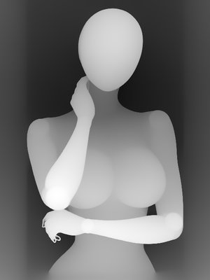 姿势深度图 P046：单臂环腰・另一手抚颈（上半身单人 · 聚胸・强调乳沟系 · 正面）