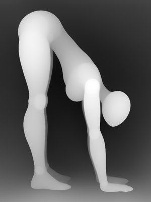 姿势深度图 P014：站立前屈・顶臀双手触地（全身单人・性感系 · 站姿 · 正面）