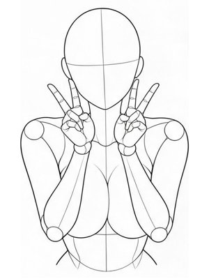 姿势参考图 P004:下巴下比双V(上半身单人 · 可爱系 · 正面)