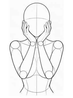 姿势参考图 P020:双手捧脸(上半身单人 · 可爱系 · 正面)
