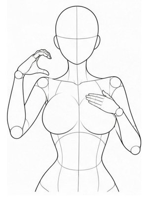 姿势参考图 P024:单手比心+另一手扶胸(上半身单人 · 可爱系 · 正面)